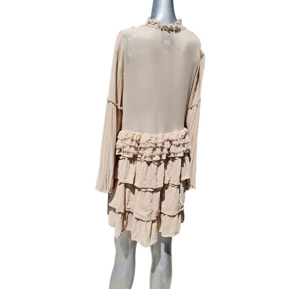 Summer of Love Beige Tiered Long Sleeve Bohemian  Neutral Mini Dress - Picture 7 of 13